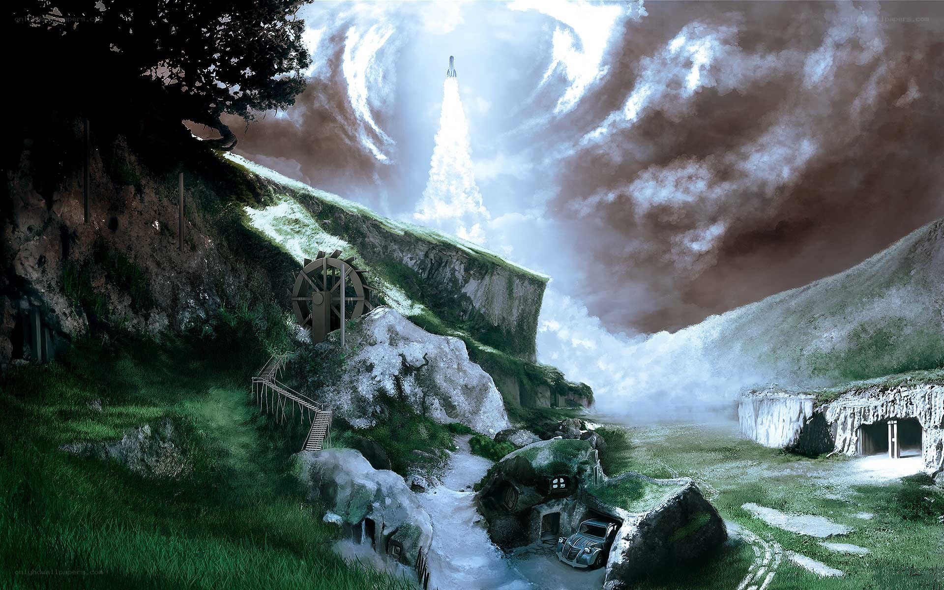 Rocket launch from a fantasy village