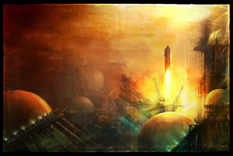 Rocket launch on alien planet