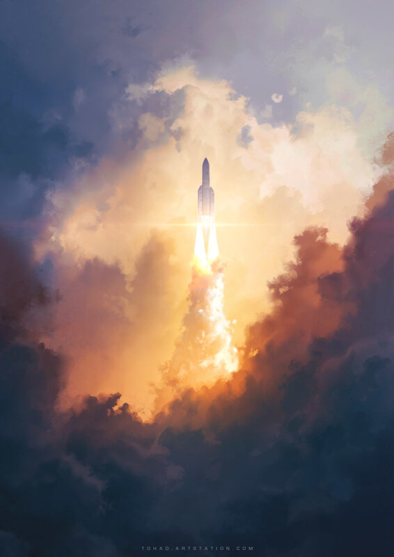 Rocket Launch — Orange, Dramatic, Sunrise, Digital Art