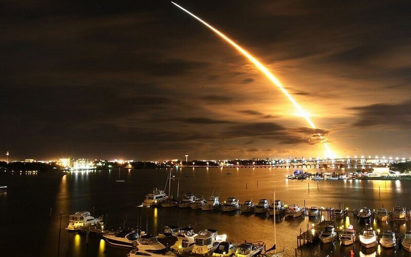 Rocket Launch Trail — Black, Dramatic, Night, Photograph, Boats