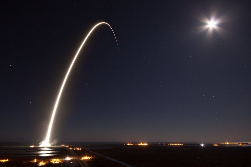 Rocket Launch Trajectory — Black, Dramatic, Night