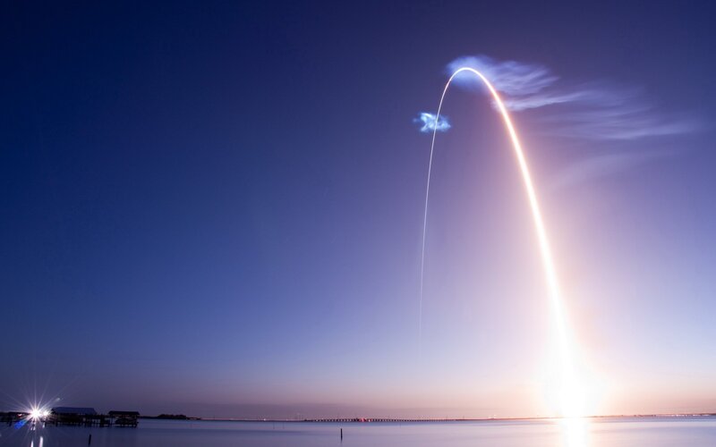 Rocket Launch Trajectory — Blue, Dramatic, Sunset, Photograph