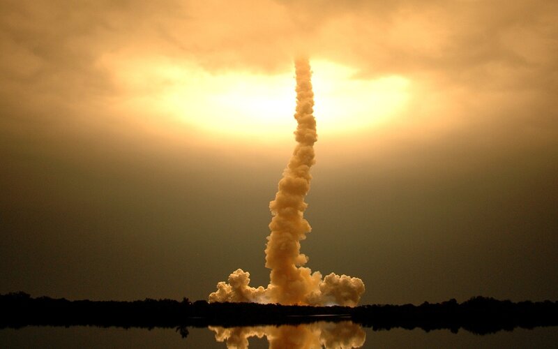 Rocket Launch — Yellow, Dramatic, Sunset, Photograph, Smoke, Clouds