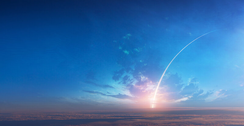 Rocket Launching into Sky — Blue, Dramatic, Sunrise