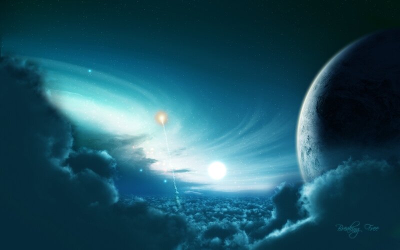 Rocket Launching into Space — Blue, Dramatic, Night, Digital Art, Planet, Clouds, Stars