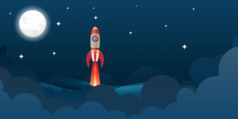 Rocket Launching into Space — Blue, Serene, Night