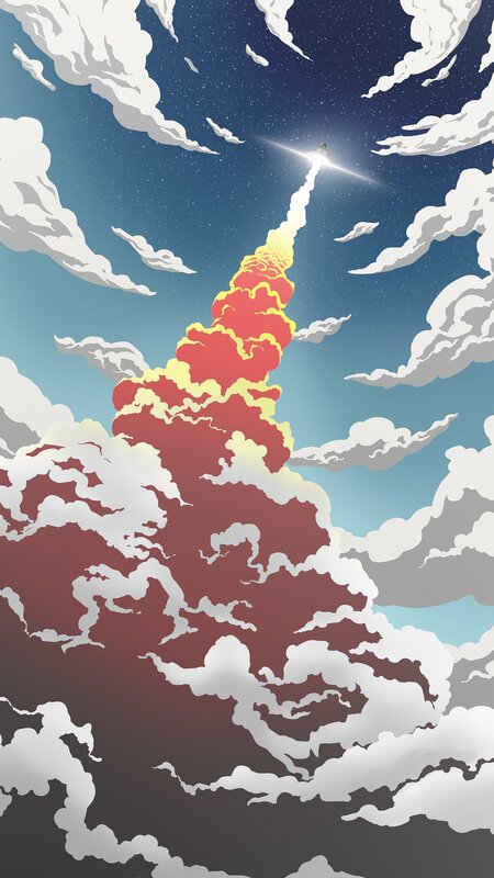 Rocket Launching Through Clouds — Blue, Dramatic