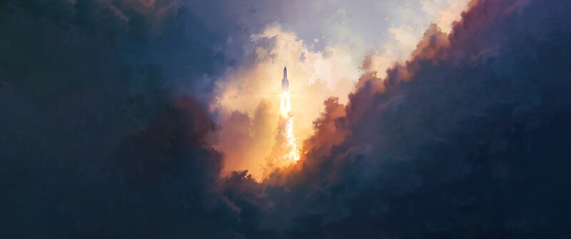 Rocket Launching Through Clouds — Orange, Dramatic