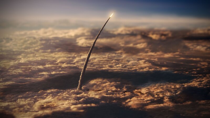 Rocket Launching Through Clouds — Orange