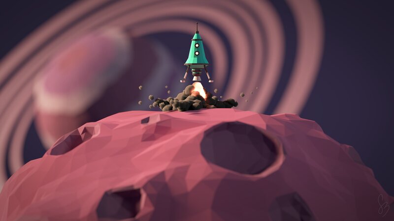 Rocket on Asteroid Surface — Pink