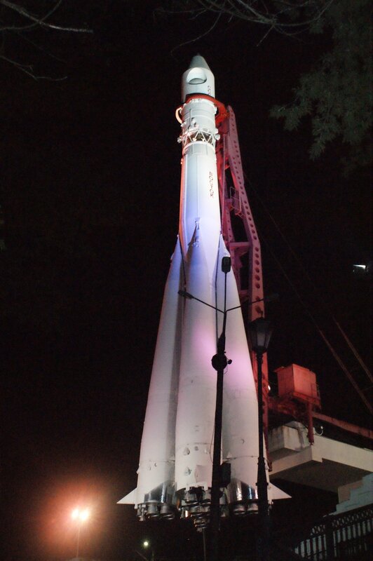 rocket on display at night