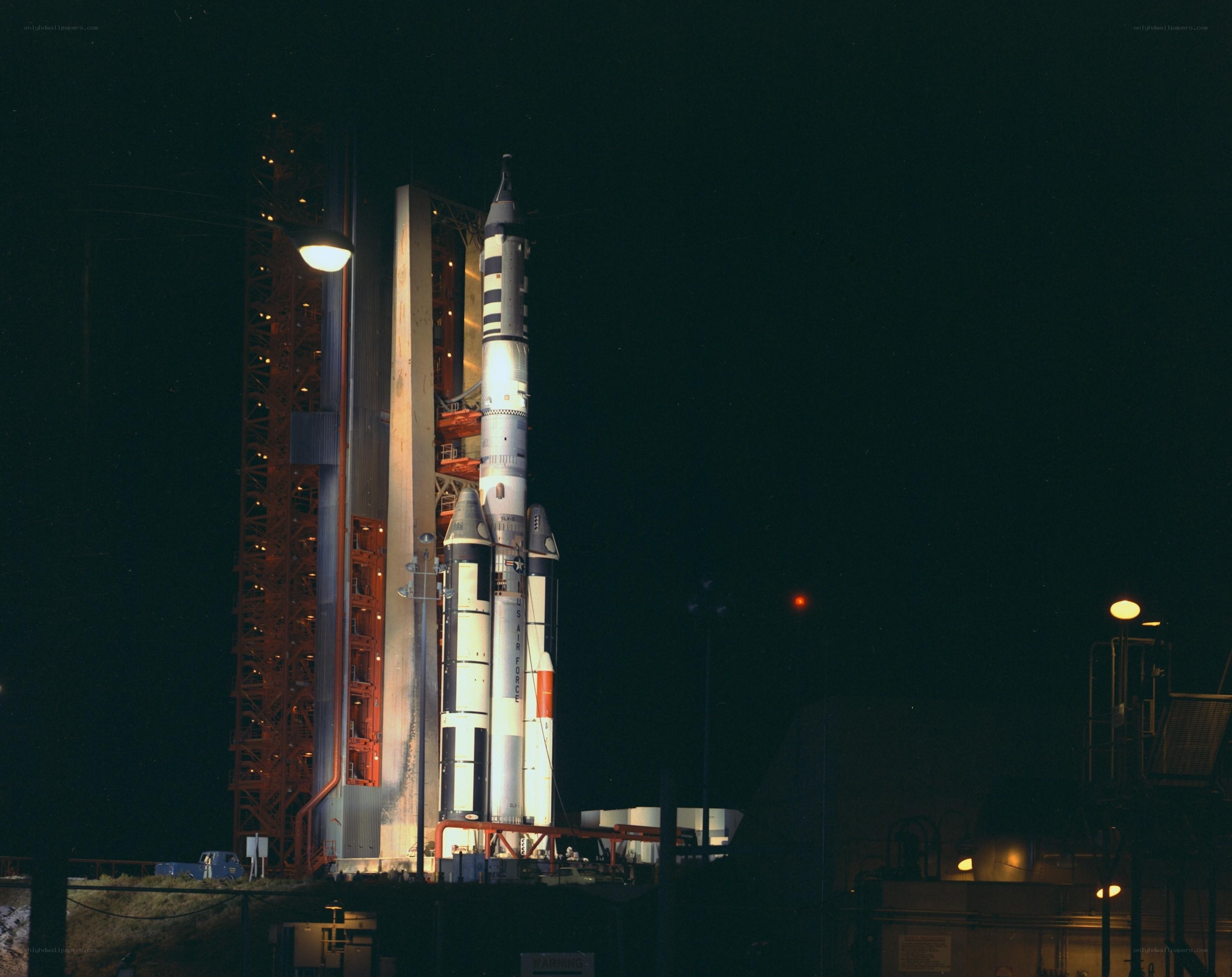Rocket on launch pad at night