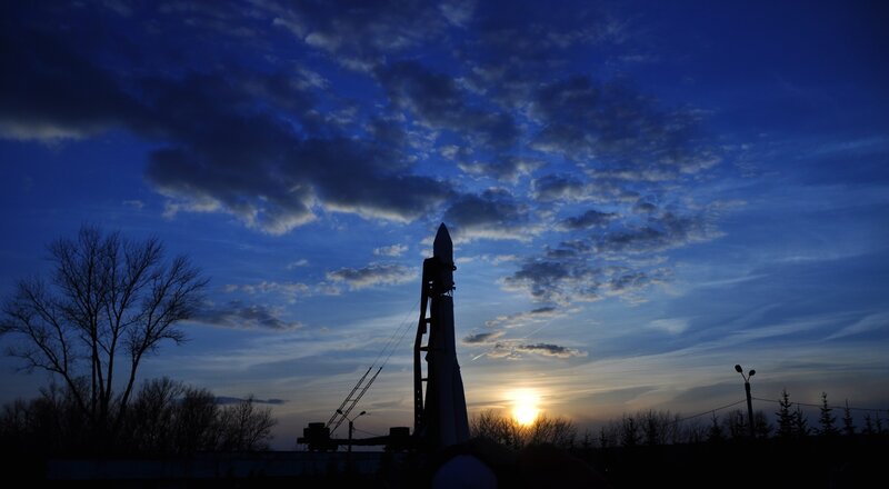 Rocket on Launch Pad — Blue, Dramatic, Sunset