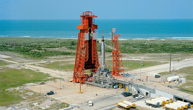 Rocket on Launch Pad — Blue, Serene