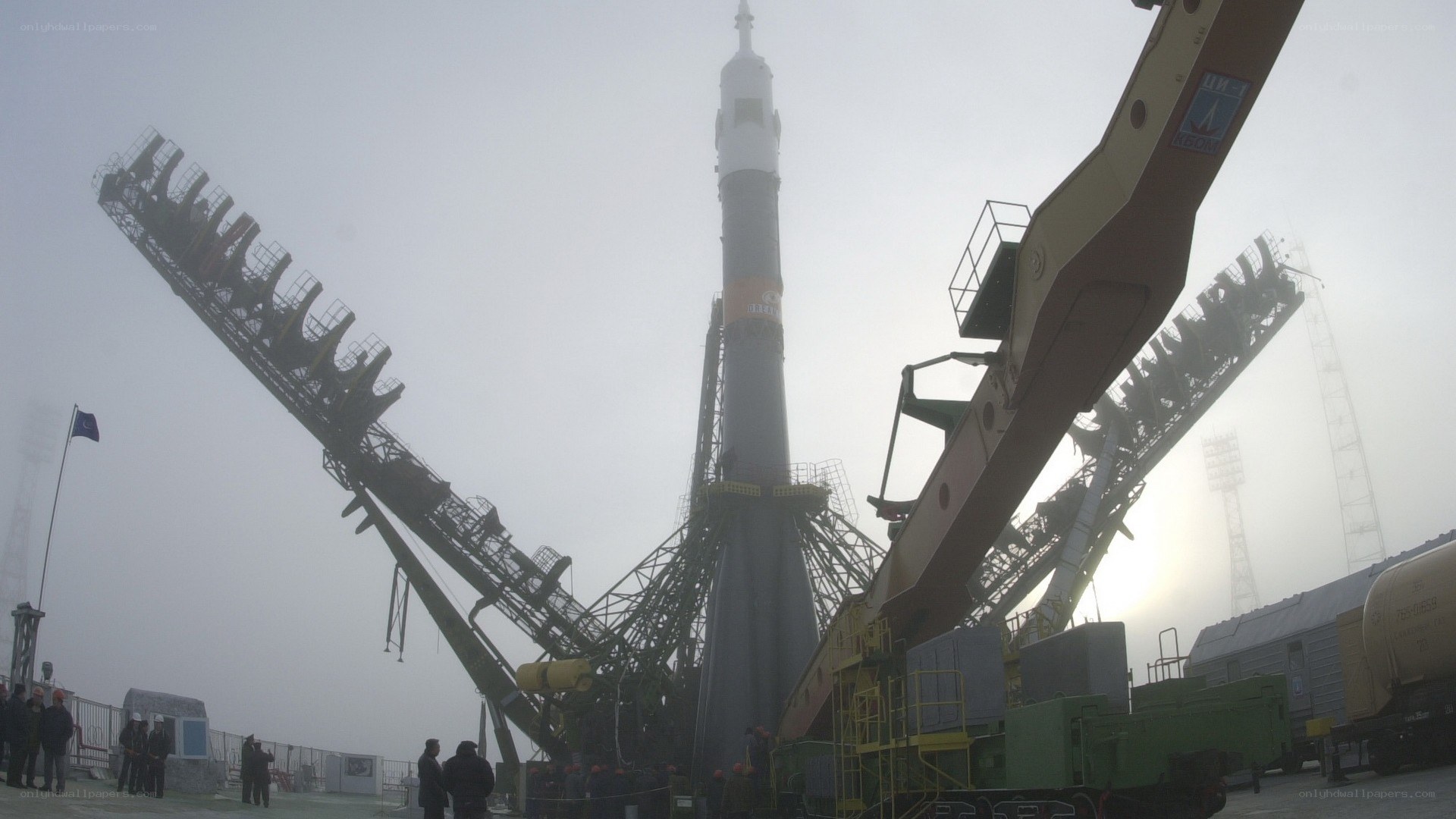 Rocket on launch pad in fog
