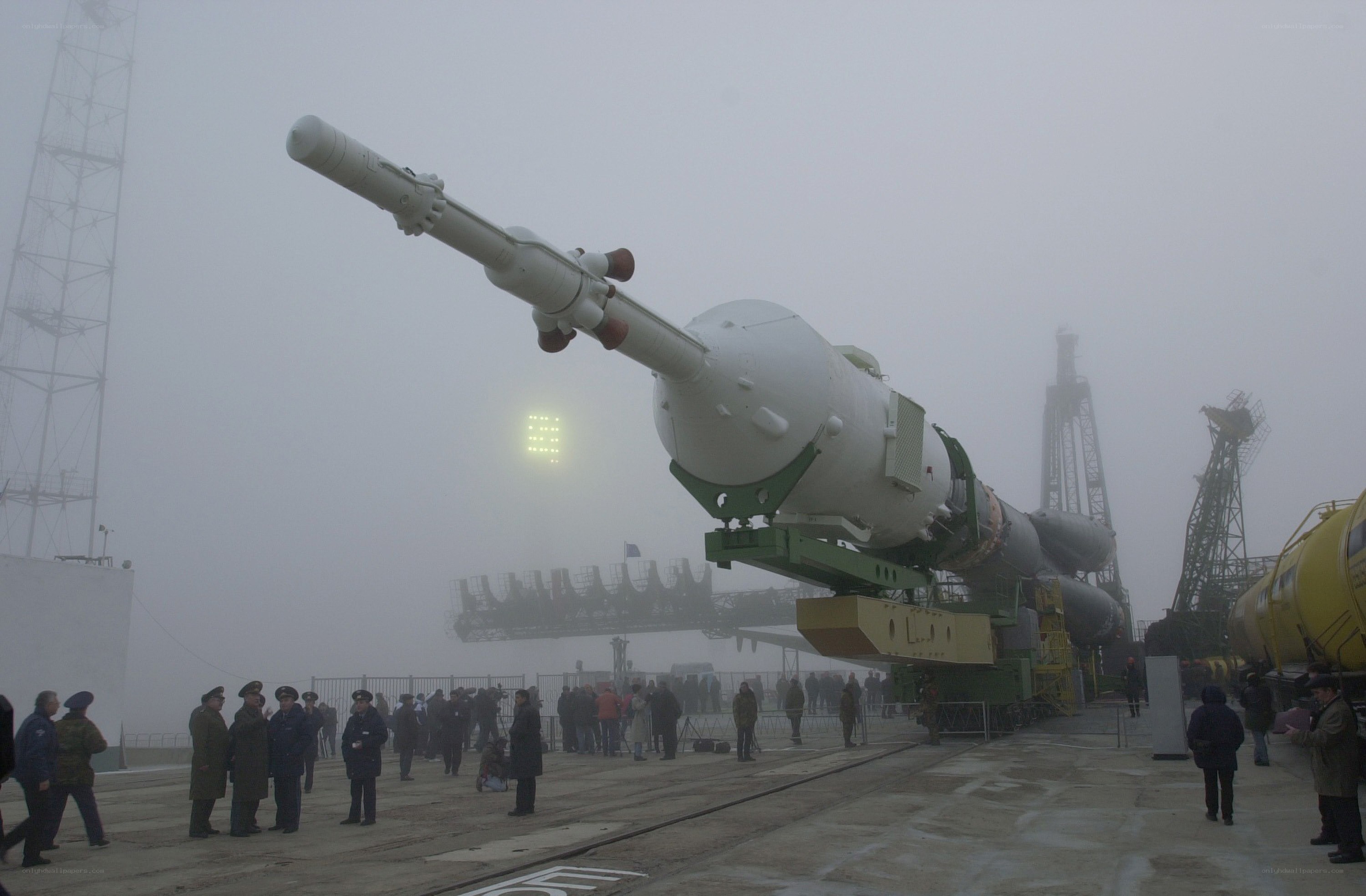 Rocket on launch pad in fog
