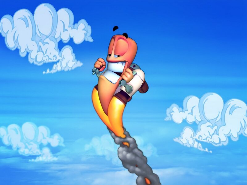 rocket-powered worm in sky