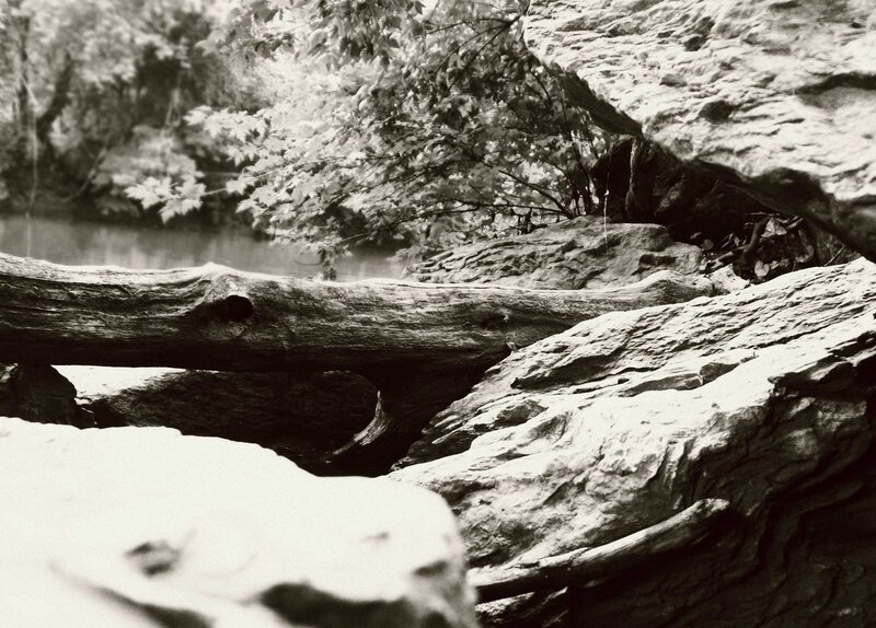 Rocks and fallen log by river