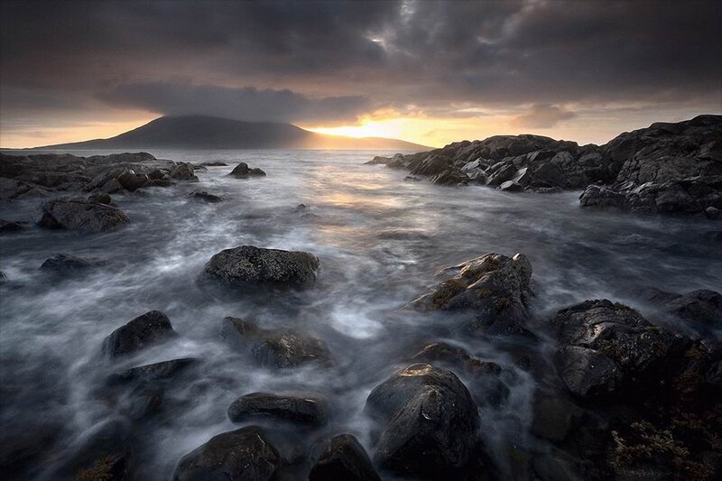 Rocks and waves at sunset