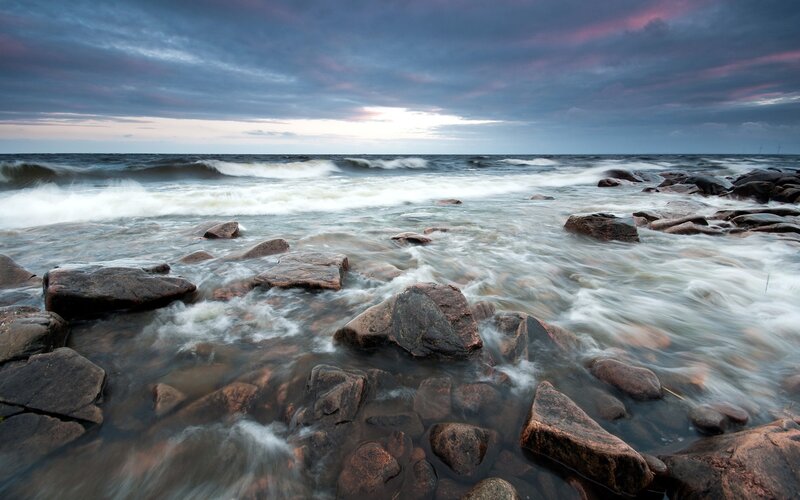 Rocks and waves at sunset