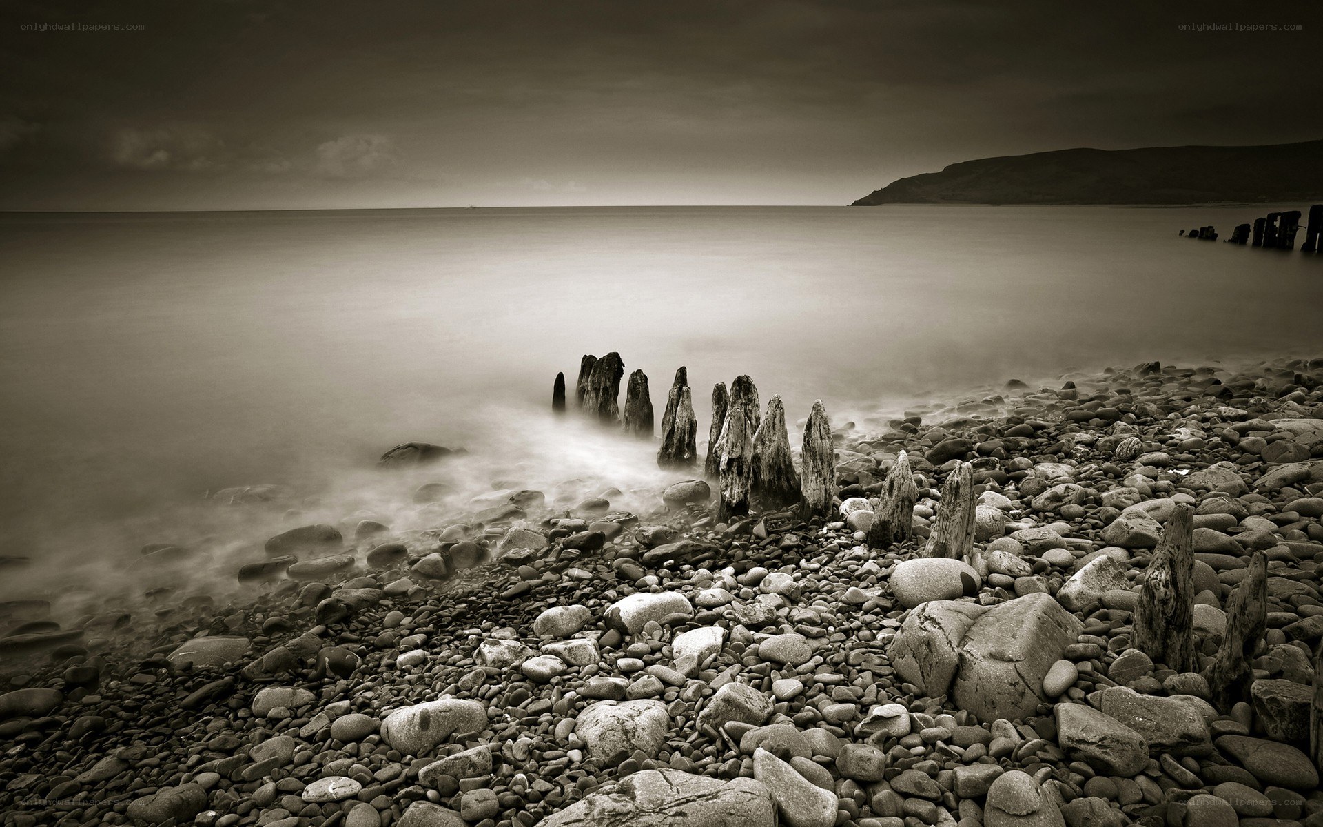 Rocks and wooden posts on a beach