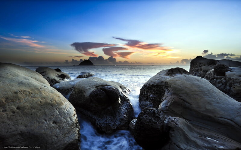Rocks at Ocean Shoreline — Blue, Dramatic, Sunset, Photograph, Sky, Clouds