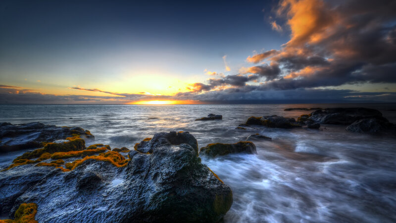 Rocks at Ocean Shoreline — Blue, Dramatic, Sunset, Photograph, Sky