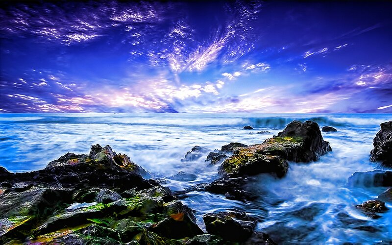 Rocks at Ocean Shoreline — Blue, Dramatic, Sunset, Photograph