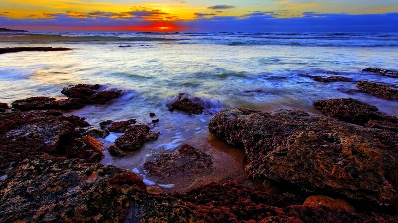 Rocks at Ocean Shoreline — Blue, Dramatic, Sunset