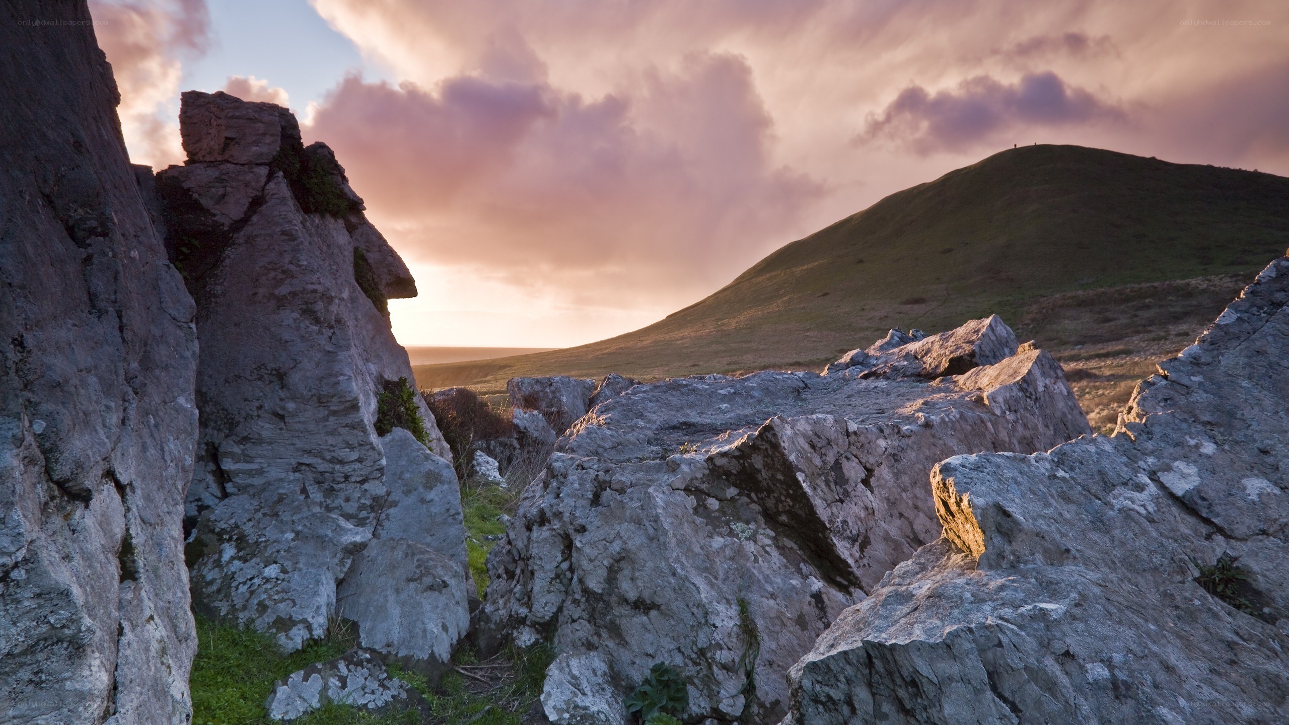 Rocks at sunset on a hill