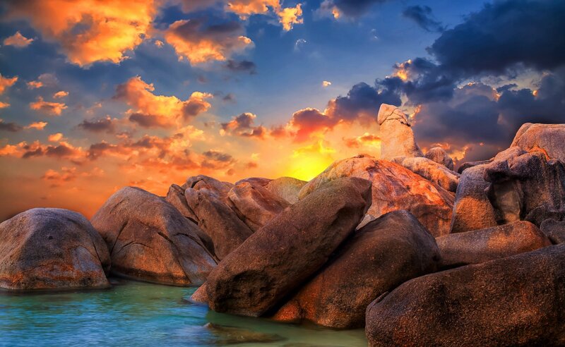 Rocks at Sunset — Orange, Dramatic, Photograph, Sky