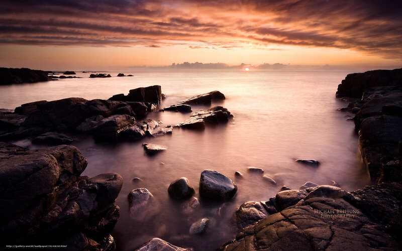 Rocks at Sunset — Orange, Serene, Photograph, Ocean, Sky, Sun