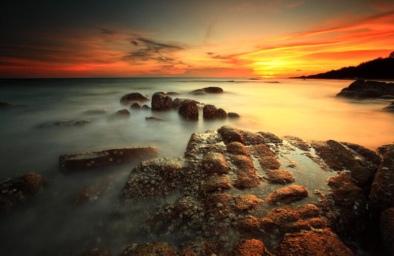 Rocks at Sunset — Orange, Serene, Photograph, Ocean, Sky