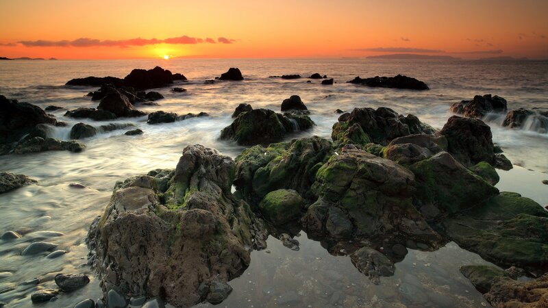 Rocks at Sunset — Orange, Serene, Photograph, Ocean, Sun