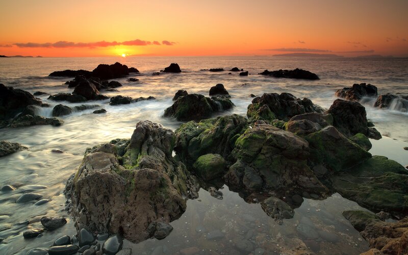 Rocks at Sunset — Orange, Serene, Photograph, Ocean