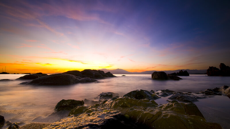 Rocks at Sunset — Orange, Serene, Photograph, Sea