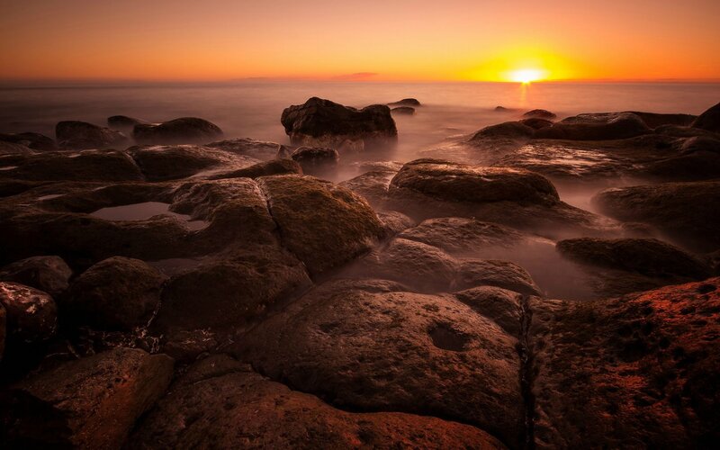 Rocks at Sunset — Orange, Serene, Photograph, Sun