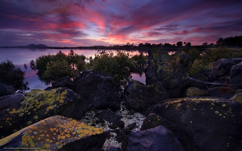 Rocks at Sunset — Purple, Dramatic, Photograph, Water