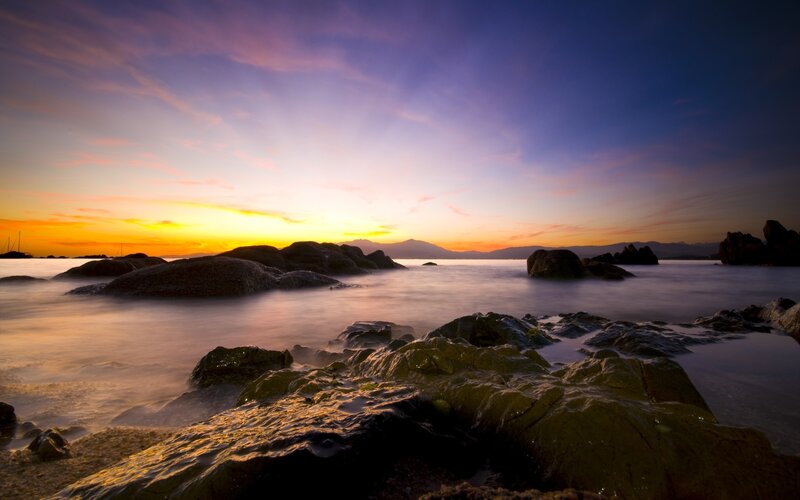 Rocks at Sunset — Purple, Serene, Photograph, Sky