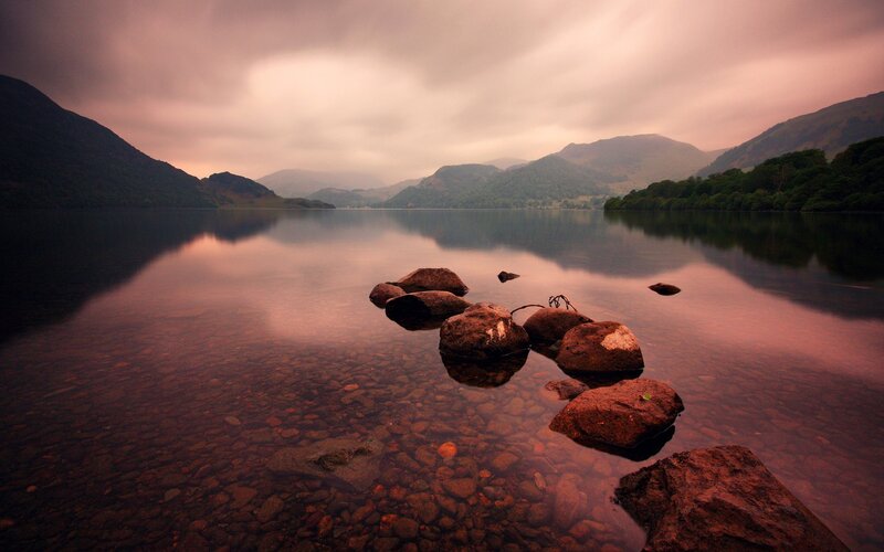 Rocks in Calm Lake — Purple, Serene, Sunset
