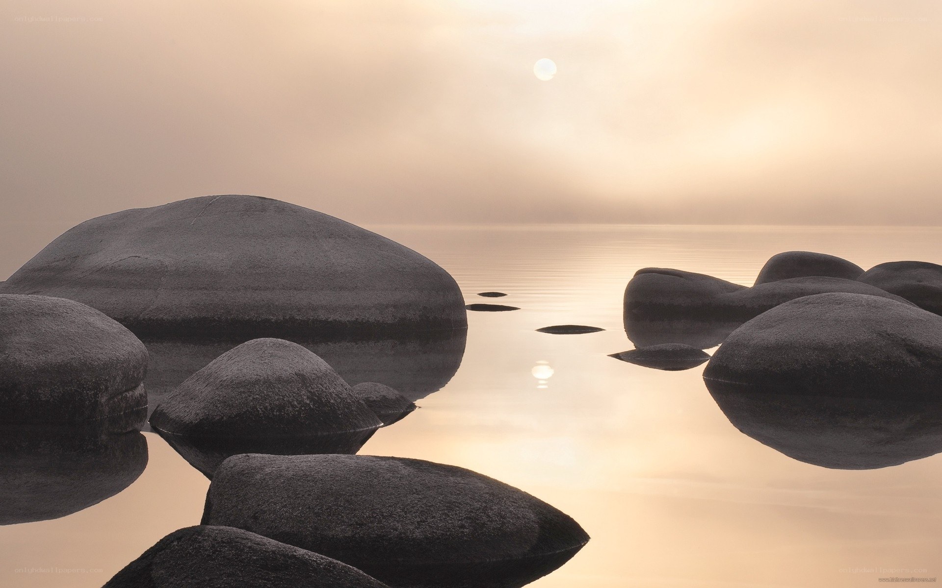 rocks in calm water at sunrise
