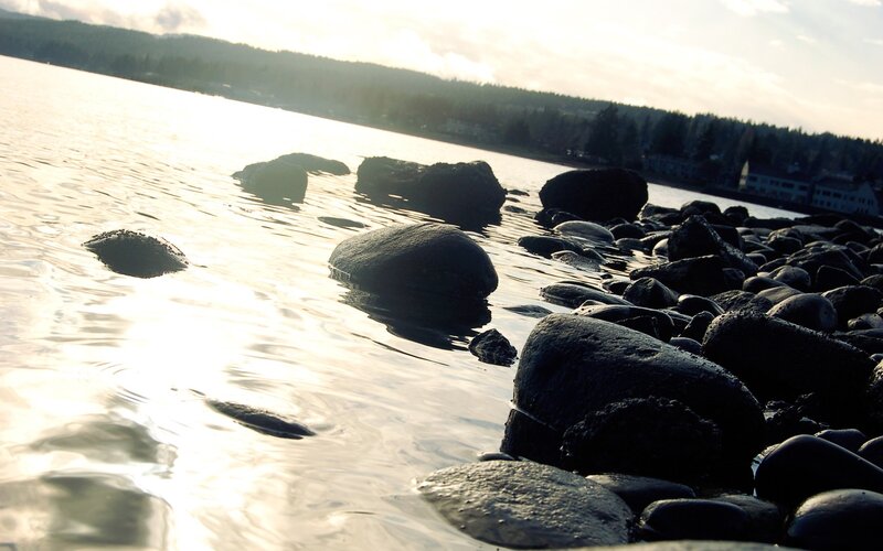 rocks in calm water at sunset