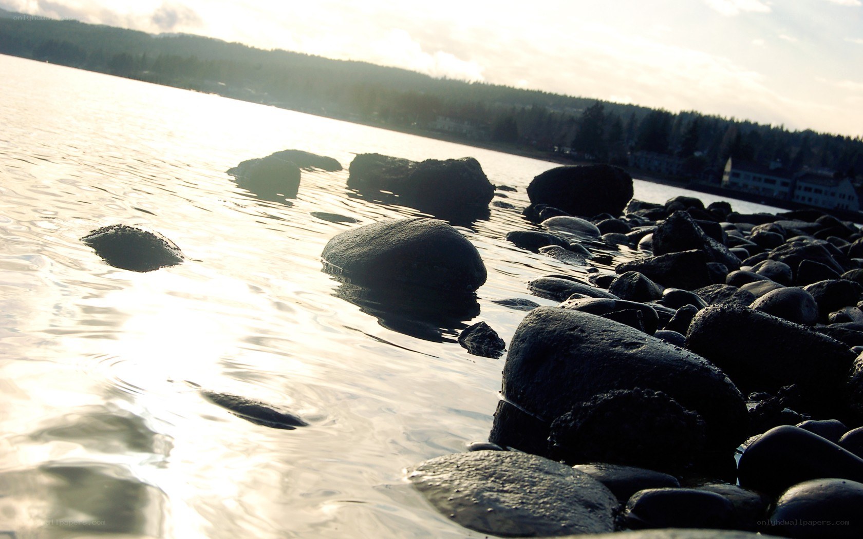 rocks in calm water at sunset