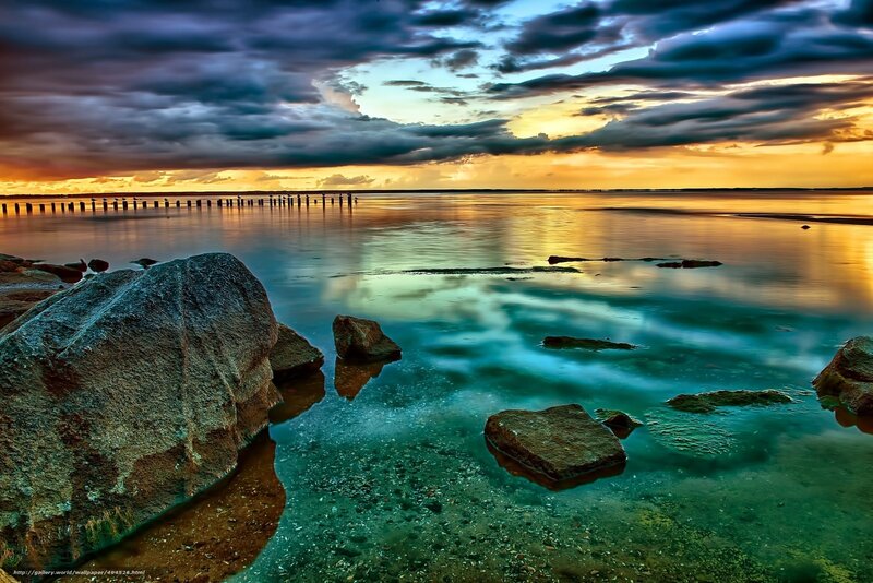 Rocks in Calm Water — Blue, Dramatic, Sunset, Photograph