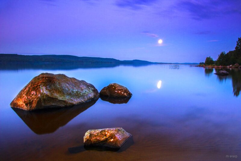 Rocks in Calm Water — Blue, Serene, Night