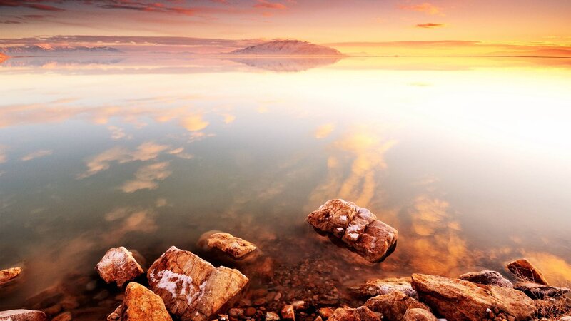 Rocks in Calm Water — Orange, Serene, Sunset