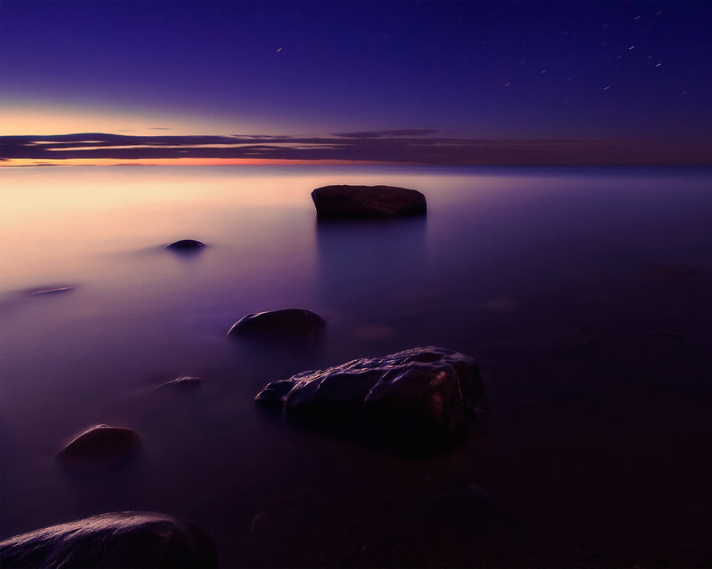 Rocks in Calm Water — Purple, Serene, Night