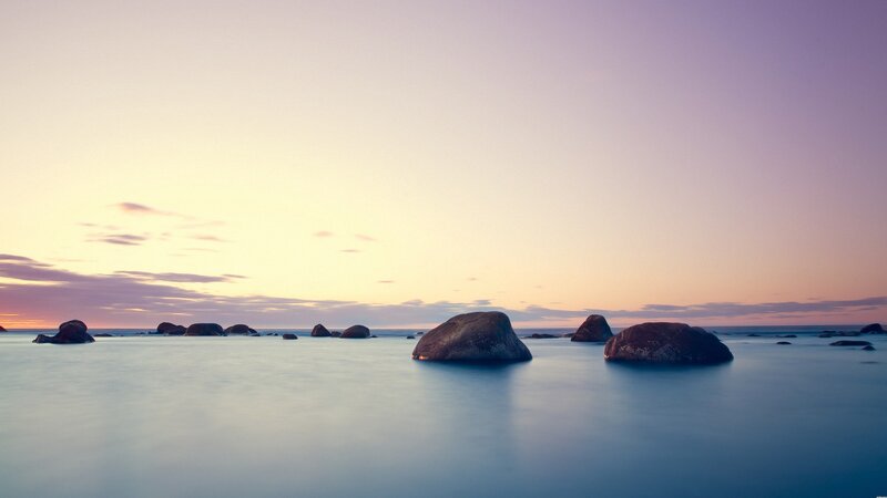 Rocks in Calm Water — Purple, Serene, Sunset, Photograph, Sky, Blue