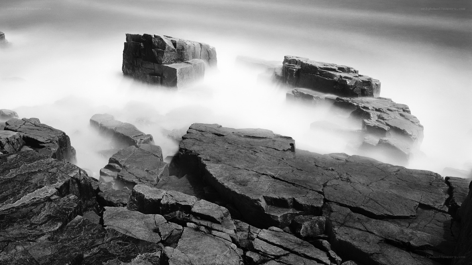Rocks in Foggy Sea