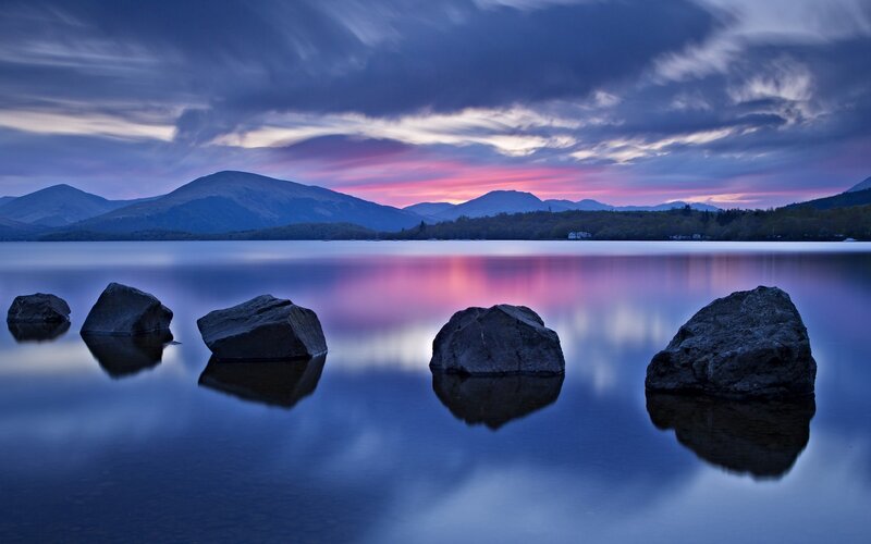 Rocks in Lake at Dusk — Blue, Serene